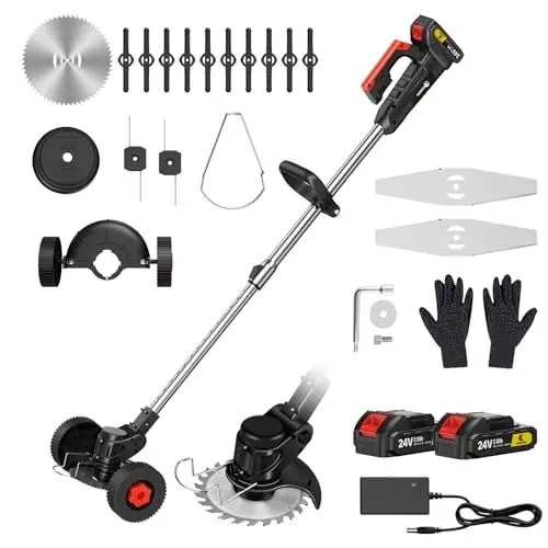Produktbild: CONENTOOL 600W Akku Rasentrimmer mit 2X 2000Ah Akku, 24V Rasenkantenschneider mit 4 Arten von Schneidklingen, 8500rpm/min Freischneider mit Hilfsgleitrad, Teleskopstab Motorsense