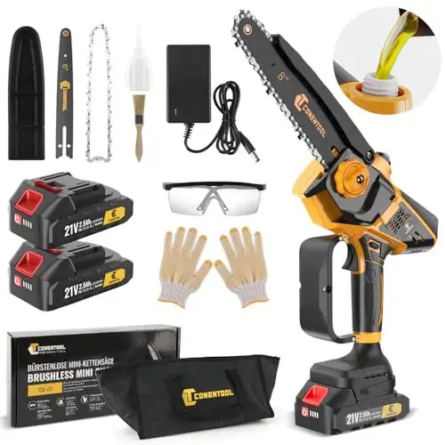 Produktbild: CONENTOOL Bürstenlose Mini Kettensäge, 6+8 Zoll Akku Kettensäge mit Automatischer Öler, 2 Akku 2.5Ah und Ladegerät, 900W Einhand Kettensägen für Gartenscheren Astschere Holzschneidenz