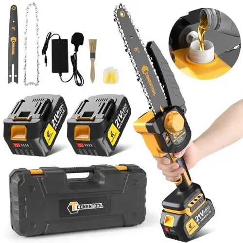 Produktbild: CONENTOOL Bürstenlose Mini Kettensäge mit Akku 8000mAh, 8 Zoll Akku Kettensäge mit Automatischer Öler, 2 Akku 4.0Ah und Ladegerät, 1000W Einhand Kettensägen für Gartenscheren Astschere Holzschneidenz