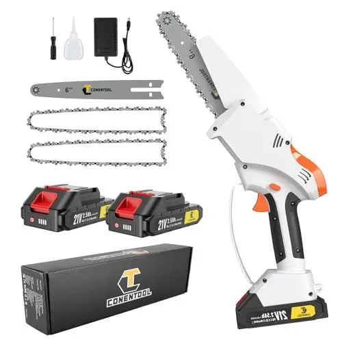 Produktbild: CONENTOOL Mini Kettensäge mit Akku 5000mAh, 6 Zoll Akku Kettensäge mit 2 Akku 2.5Ah und Ladegerät, 650W Einhand Kettensäge für Gartenscheren Astschere Holzschneidenz