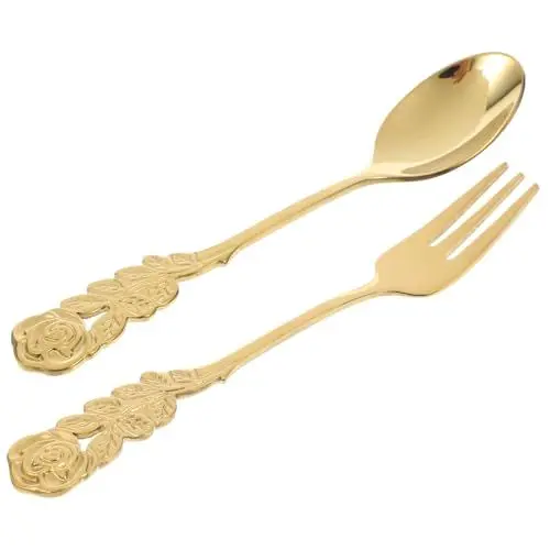 Produktbild: CONGARTENO 2-teiliges Servierlöffel-set Aus Edelstahl Löffel Gold Große Dessertgabeln Geschirr Für Küche Und Restaurant