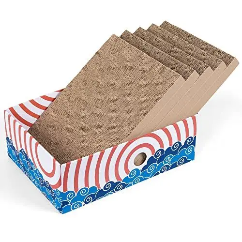 Produktbild: Conlun 5er-Pack Katzenkratzbox mit Katzenkratzpad, Großes Beidseitiges Design, Interaktive Öffnungen, Sauber & Langlebig, Kratzpappe für Katzen, Möbelschutz (Groß, Rot)