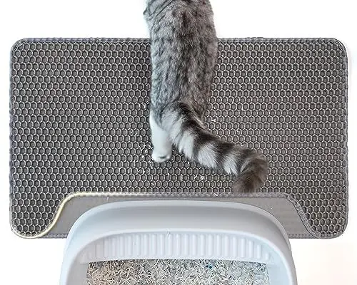 Produktbild: Conlun Katzenstreu Matte, Hochwertige Doppelschicht Wasserdichte Katzenmatte, Wabenmuster zur Kontrolle der Streuverteilung, Leichte Reinigung für die Katzenklo Matte（Grau,Mittel,64x38 cm）