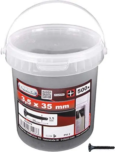 Produktbild: Connex Schnellbauschrauben 3,5 x 35 mm - 500 Stück - Mit Feingewinde & Bohrspitze - Trompetenkopf - PH Phillips-Antrieb - Schwarz phosphatiert / Trockenbauschrauben / Schrauben-Eimer / B30074