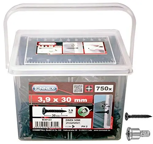 Produktbild: Connex Schnellbauschrauben 3,9 x 30 mm - 750 Stück - Mit Feingewinde - Trompetenkopf - PH Phillips-Antrieb - Schwarz phosphatiert - Inkl. Tiefenstopp / Trockenbauschrauben / Schrauben-Eimer / B30123