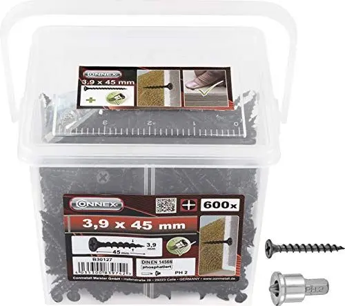 Produktbild: Connex Schnellbauschrauben 3,9 x 45 mm - 600 Stück - Mit Grobgewinde - Trompetenkopf - PH Phillips-Antrieb - Schwarz phosphatiert - Inkl. Tiefenstopp / Trockenbauschrauben / Schrauben-Eimer / B30127