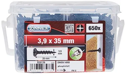 Produktbild: Connex Schnellbauschrauben - Mit Grobgewinde - Trompetenkopf - PH Phillips-Antrieb - Schwarz phosphatiert - Inkl. Tiefenstopp / Trockenbauschrauben / Schrauben-Eimer / B30126, 3,9 x 35 mm (650 Stück)