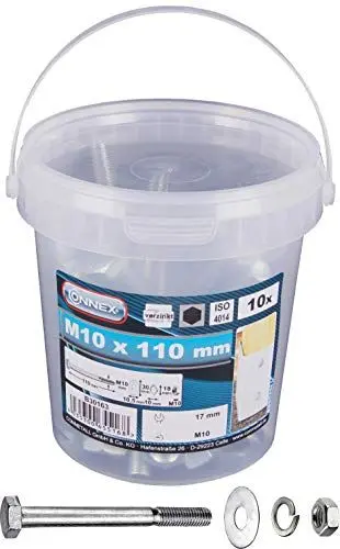 Produktbild: Connex Sechskantschrauben M10 x 110 mm - 10 Stück - Außensechskant-Antrieb - Verzinkt - Für sämtliche Konstruktionen - Inkl. Unterlegscheiben, Federringe & Muttern / Schrauben-Eimer / B30163 Silber
