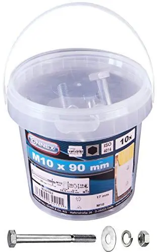Produktbild: Connex Sechskantschrauben M10 x 90 mm - 10 Stück - Außensechskant-Antrieb - Verzinkt - Für sämtliche Konstruktionen - Inkl. Unterlegscheiben, Federringe & Muttern / Schrauben-Eimer / B30162, Silber