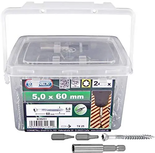 Produktbild: Connex Terrassenschrauben 5,0 x 60 mm - 240 Stück - Mit Bohrspitze & Schneidkerbe - Senkkopf - TX-Antrieb - Rostfreier Edelstahl C1 - Inkl. Magnethalter & 2 Bits / Schrauben-Eimer / B30251