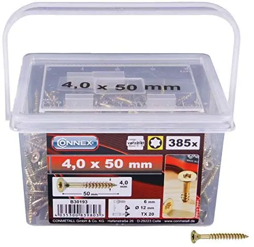 Produktbild: Connex Universalschrauben 4,0 x 50 mm (385 Stück) im Set - Senkkopf - TX-Antrieb - Teilgewinde - Gelb verzinkt / Schrauben-Set / Schrauben-Eimer / B30193