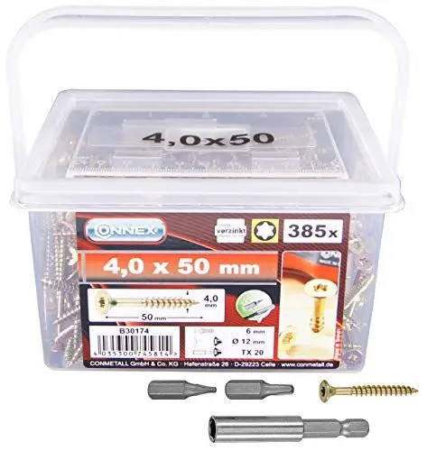 Produktbild: Connex Universalschrauben 4,0 x 50 mm - 385 Stück im Set - Senkkopf - TX-Antrieb - Teilgewinde - Gelb verzinkt - Inkl. Magnethalter & 2 Bits / Schrauben-Set / Schrauben-Eimer / B30174