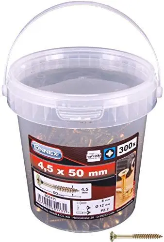 Produktbild: Connex Universalschrauben 4,5 x 50 mm - 300 Stück im Set - Senkkopf - PZ Pozidriv-Antrieb - Teilgewinde - Gelb verzinkt / Schrauben-Set / Schrauben-Eimer / B30111