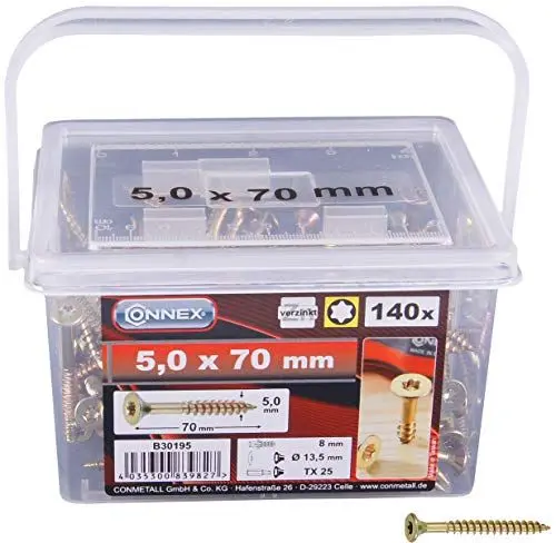 Produktbild: Connex Universalschrauben 5,0 x 70 mm - 160 Stück im Set - Senkkopf - TX-Antrieb - Teilgewinde - Gelb verzinkt / Schrauben-Set / Schrauben-Eimer / B30195