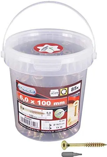 Produktbild: Connex Universalschrauben 6,0 x 100 mm - 85 Stück im Set - Senkkopf - TX-Antrieb - Teilgewinde - Gelb verzinkt - Inkl. Bit / Schrauben-Set / Schrauben-Eimer / B30085
