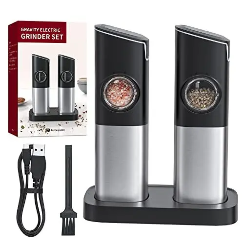Produktbild: CONOYAR Elektrische Schwerkraft Salz und Pfeffermühle 2er Set, Salzmühle elektrisch kippsensor mit Dualer Aufladen Ladestation USB, Einstellbarer Gewürze Grobheit LED Licht für Küche, KYMQ-13C