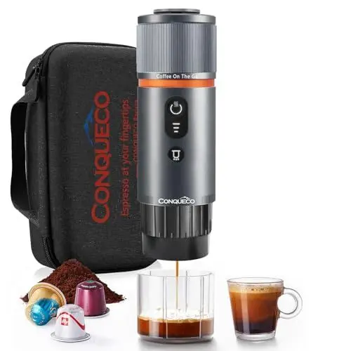 Produktbild: CONQUECO Tragbare Espressomaschine Elektrische Kaffeemaschine: 12V Auto kleine Reise-Expressomaschine – selbstheizend, 8 Tassen, Batteriebetrieben, kompatibel mit Nespresso-Kapseln – für Camping