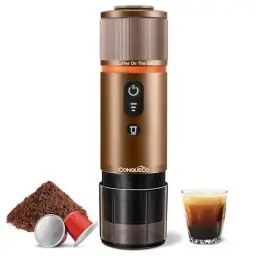 Produktbild: CONQUECO Tragbare Espressomaschine Elektrische Kaffeemaschine: 12V Auto kleine Reise-Expressomaschine – selbstheizend, 8 Tassen, Batteriebetrieben, kompatibel mit Nespresso-Kapseln – für Camping Braun