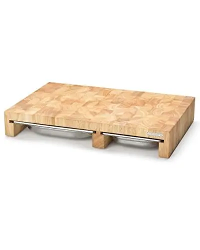 Produktbild: CONTINENTA Schneidebrett Mit 3 Auffangschalen | Holzbrett Mit Hitzebeständigem Edelstahl-Tablett | Aus Nachhaltigem Stirnholz (50x32,5x8,5cm)