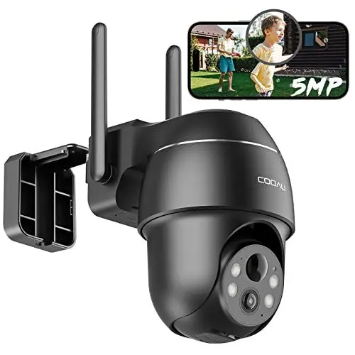 Produktbild: COOAU 5MP Überwachungskamera Aussen Akku, Kabellos WLAN IP Kamera Outdoor mit Intelligente PIR-Personenerkennung, Nachtsicht in Farbe, Audio- und Lichtalarm, H.265-Videokomprimierung, Schwarz
