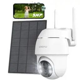 Produktbild: COOAU 5MP Überwachungskamera Aussen mit Solarpanel - 4dBi Kamera Überwachung Aussen Akku - WLAN Outdoor Kamera mit H.265-Videokomprimierung | 4 Spotlight | Cloud-Speicher | 2.4GHz