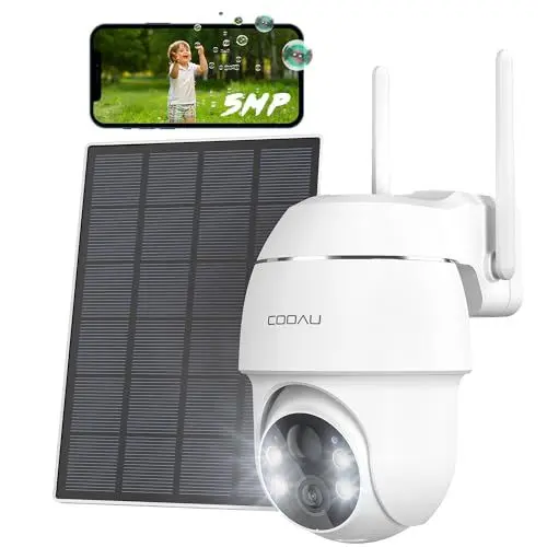 Produktbild: COOAU 5MP Überwachungskamera Aussen mit Solarpanel - 4dBi Kamera Überwachung Aussen Akku - WLAN Outdoor Kamera mit H.265-Videokomprimierung | 4 Spotlight | Cloud-Speicher | 2.4GHz