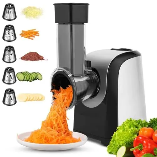 Produktbild: COOCHEER Gemüseschneider Elektrisch 5 in 1, 150W Elektrische Reibe Gemüseshobel Multifunktional für Gemüse, Obst und Käse