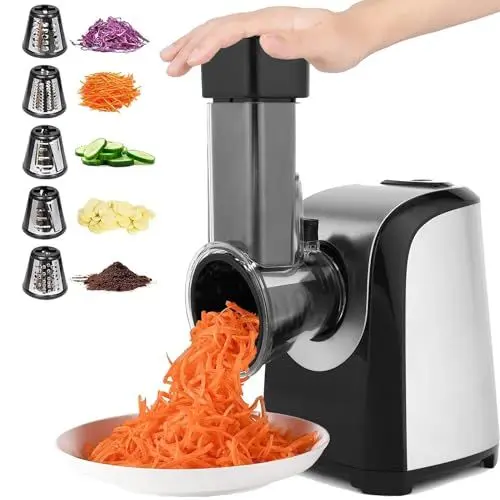 Produktbild: COOCHEER Gemüseschneider Elektrisch, Profi 150W Gemüsehobel Edelstahl Gemüsereibe Multireibe mit 5 Schneidetrommeln für Obst, Gemüse& Käse