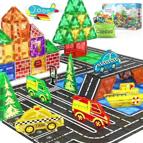 Produktbild: Coodoo Magnetische Fliesen Stadtstraßen-Set, Kinderspielzeug, sensorische Spiele für 3-jährige Jungen und Mädchen, magnetische Blöcke für Kinder im Alter von 3–5, 4–8 Jahren, Klassenzimmer, Muss für