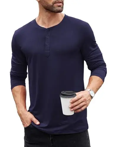 Produktbild: COOFADNY Longsleeve Herren Shirt Langarm Henley Shirt Knopfleiste Langarmshirts Langarm T-Shirts Casual Pullover Navy Blau XL