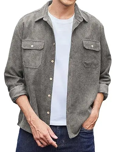 Produktbild: COOFANDY C Herren Cord Hemd Langarm Freizeithemd Männer Jacke Regular Fit Button Up Hemdjacke mit Klappentasche Grau S