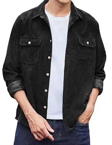 Produktbild: COOFANDY C Herren Hemd Langarm Button Down Cordhemd mit Klappentasche Leichte Freizeithemd Übergangsjacke aus Corduroy Schwarz M