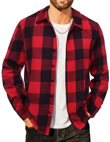Produktbild: COOFANDY Flanellhemden Herren Langarm Kariert Arbeits Holzfällerhemd Warm Winter Karo Thermohemd Rot & Schwarz L