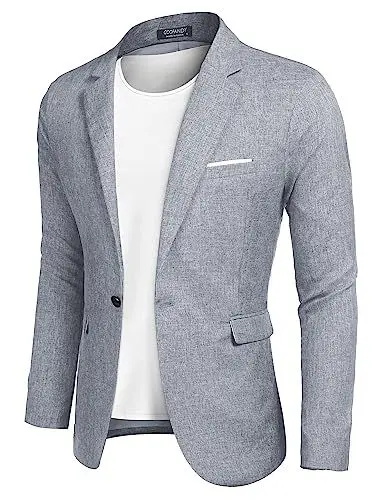 Produktbild: COOFANDY Freizeit Sakko Herren Blazer Leinen Slim Fit Modern Sportlich Jacke Leichte Dunkelblau-Grau L