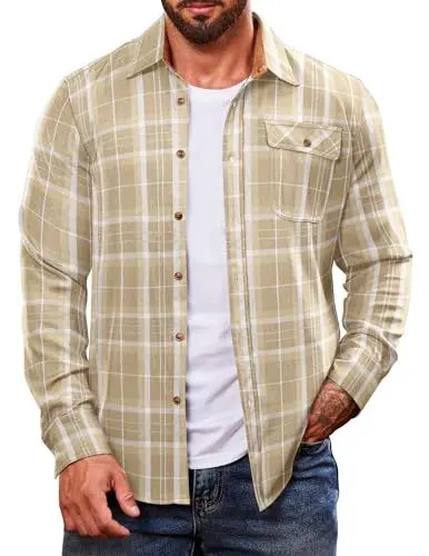 Produktbild: COOFANDY Freizeithemd Herren Knopfleiste Flanellhemd Kariertes Casual Freizeit Hemd Gelb L