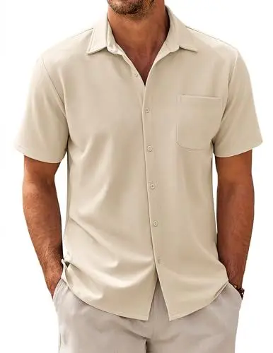 Produktbild: COOFANDY Herren Kurzarm Hemd Business Hemden mit Tasche Freizeithemd Casual Sommerhemd Fischgrätmuster Textured Shirts Creme Beige XL