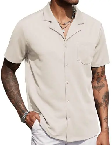 Produktbild: COOFANDY Herren Hemd Kurzarm Kubanisches Hemd mit Brusttasche Regular Fit Freizeithemd Sommerhemd Cuban Collar Casual Shirt Beige XL