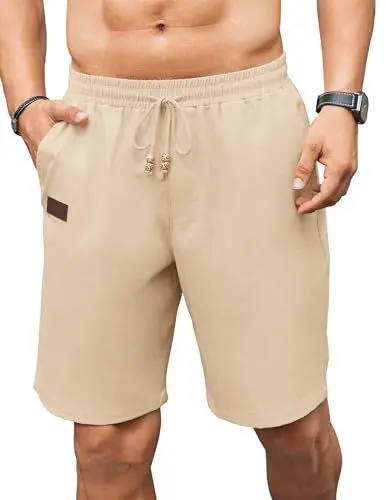 Produktbild: COOFANDY Shorts Herren Kurze Hosen Leinen Shorts Sommerhose mit Gummizug Leinen Hose Strandshorts Regular Fit Leinenhose mit Taschen Helles Khaki S