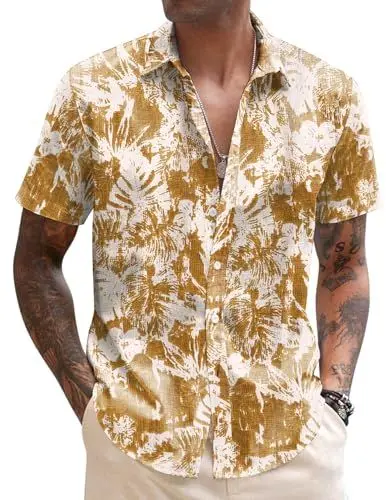 Produktbild: COOFANDY Hawaii Hemd Männer Kurzarmhemd Blumen Hemd Herren Leinenhemd Party Hemd Herren Freizeithemden Für Herren Strandhemd Aloha Hemd Regular Fit Bali-Gelb XL