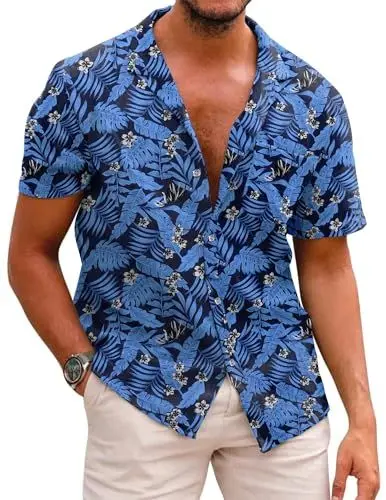 Produktbild: COOFANDY Hemd Herren Kurzarm Hawaii Hemd Sommer Strand Hemd Hawaii Kurzarmhemd Bügelfrei Freizeithemden Urlaub Shirt for Herren Party Hemd A-Königsblau L