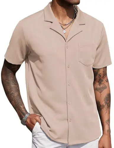 Produktbild: COOFANDY Hemd Herren Kurzarm Kubanisches Hemd Sommer Freizeithemden Kuba Hemden Männer Bügelfrei Hemd Regular Fit Strand Hemd Khaki L