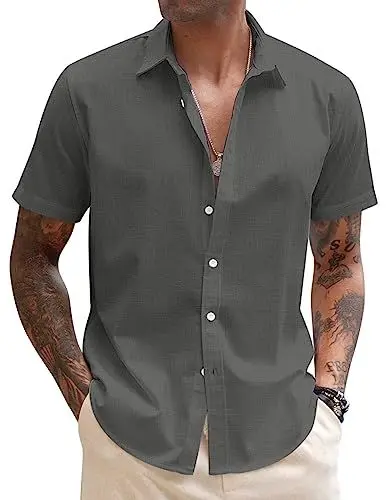 Produktbild: COOFANDY Hemd Herren Kurzarm Leinenhemd Leichtes Sommerhemd Regular Fit Kurzarmhemd Herrenhemd Kurzarm Strand Freizeithemden Dunkelgrau M