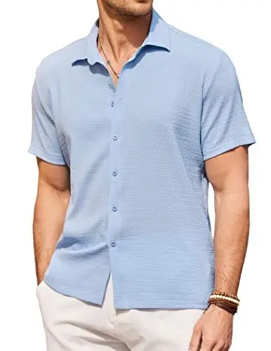 Produktbild: COOFANDY Hemd Herren Kurzarm Sommerhemd Freizeithemden Kurzarmhemd Strand Hemd Männer Herrenhemden Kurzarm Basic-Shirt Sommer Bügelfrei Reise Shirt Himmelblau XL
