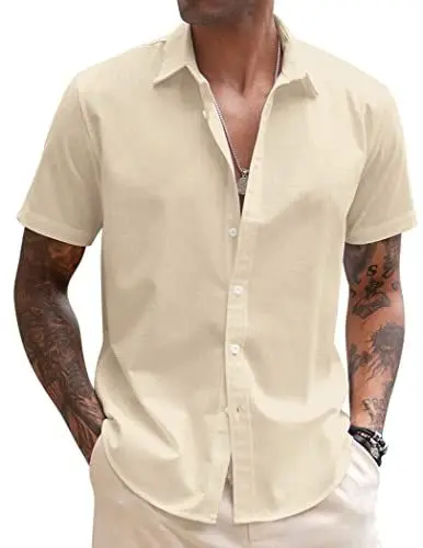 Produktbild: COOFANDY Hemd Herren Kurzarm Sommerhemd Leinen Hemd Buissnesshemd Kurzarmhemd Leinenshirt Strandhemd Herrenhemden Basic Shirts Freizeithemd Helles Khaki M
