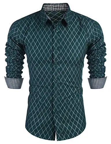 Produktbild: COOFANDY Hemd Herren Langarm Regular Fit Diamant Muster Business Hemd Party Hochzeit Langarmhemd Freizeithemd Hemd mit Kent Kragen Grün L