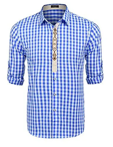 Produktbild: COOFANDY Hemd Herren Langarm Trachtenhemd Oktoberfest Hemd Regular Fit Karohemd Freizeithemden Bayrisches Hemd Männer Trachten Festhemd Blau XXL