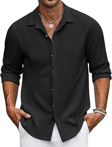 Produktbild: COOFANDY Freizeithemd Herren Langarm Hemd Leinen Sommerhemd Strand Hemden Button Down Regular Fit Bluse Schwarz XL