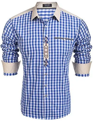 Produktbild: COOFANDY Trachtenhemd Herren Oktoberfest Hemd Kariertes Hemd Langarm Bayrisches Hemden Männer Slim Fit Karohemden Freizeithemd mit Baumwolle 45-blau XXL