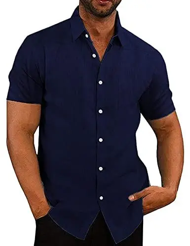 Produktbild: COOFANDY Hemden Herren Kurzarm Leinenhemd Leichte Sommerhemd Freizeithemd Kurzarmhemd Baumwolle Sommer Hemd Männer Urlaubshemd Casual Hemd Regular Fit Dunkelblau XL