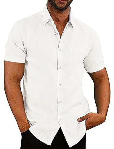 Produktbild: COOFANDY Hemd Herren Kurzarm Leinenhemd Freizeithemden Leicht Sommerhemd mit Brusttasche Baumwolle Kurzarmhemd Strandhemden Basic Shirt Reines Weiß L